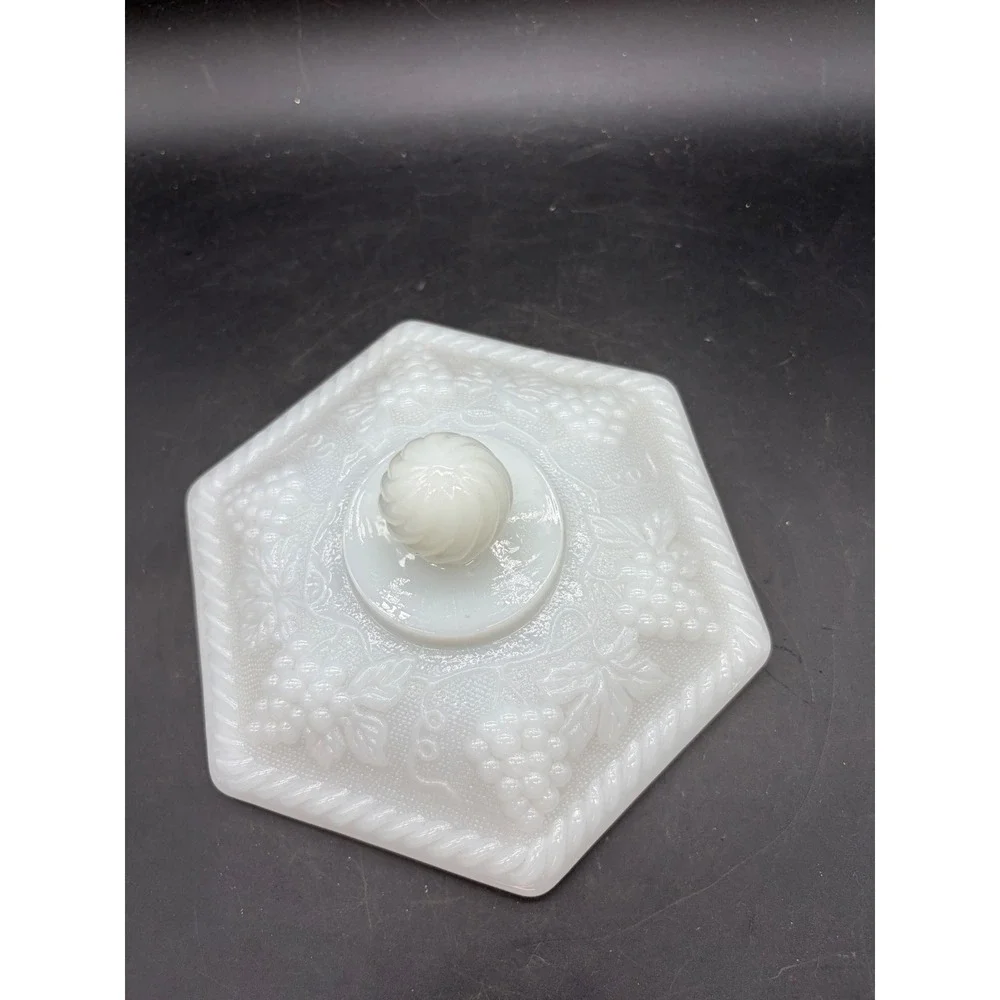 Anchor Hocking Milk Glass Harvest Grape Hexagon Candy Dish with Lid Vintage